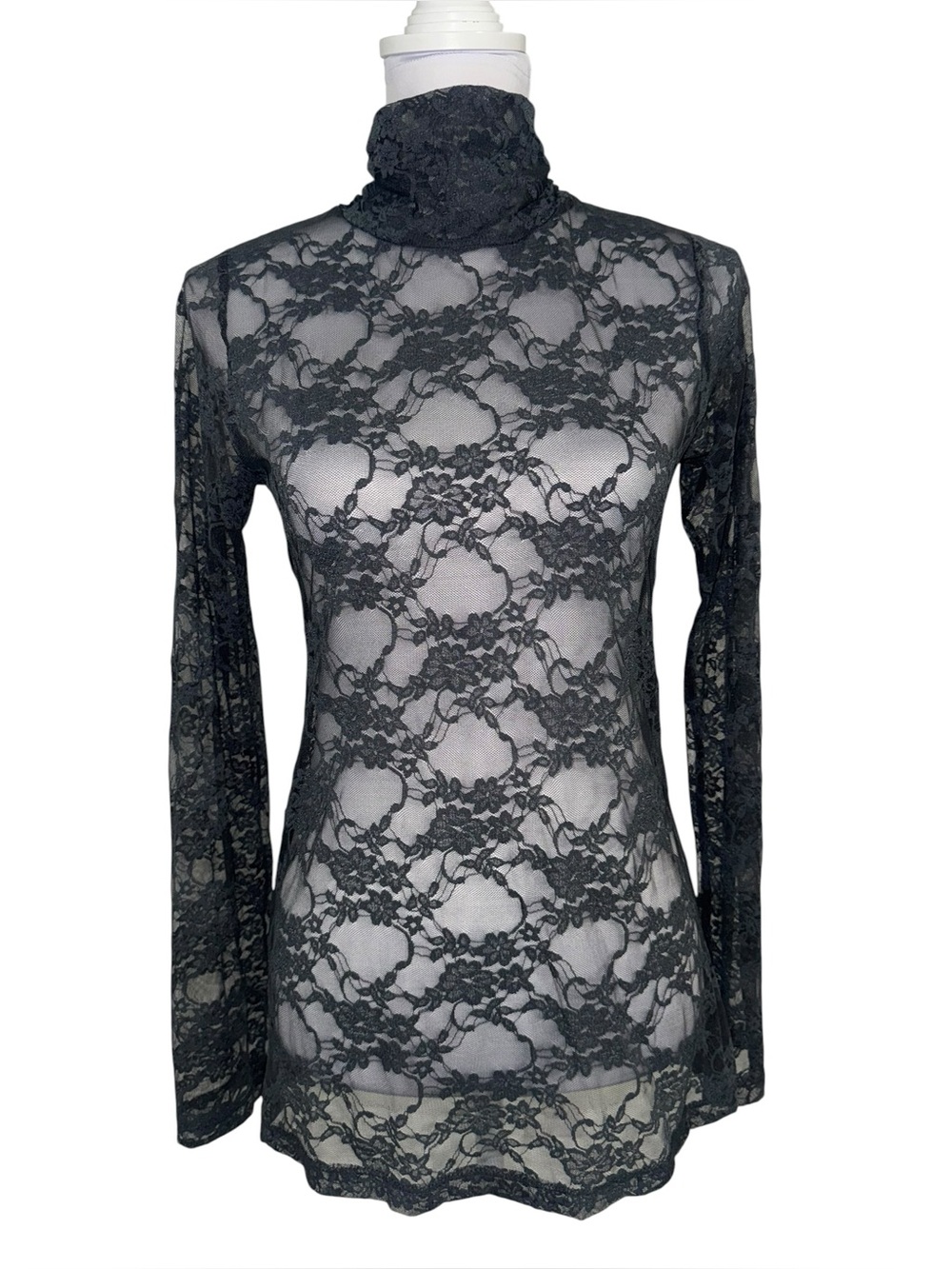 Fleurish Grey Sheer Floral Lace Turtleneck Long Sleeve Top Gothic Romantic Alt